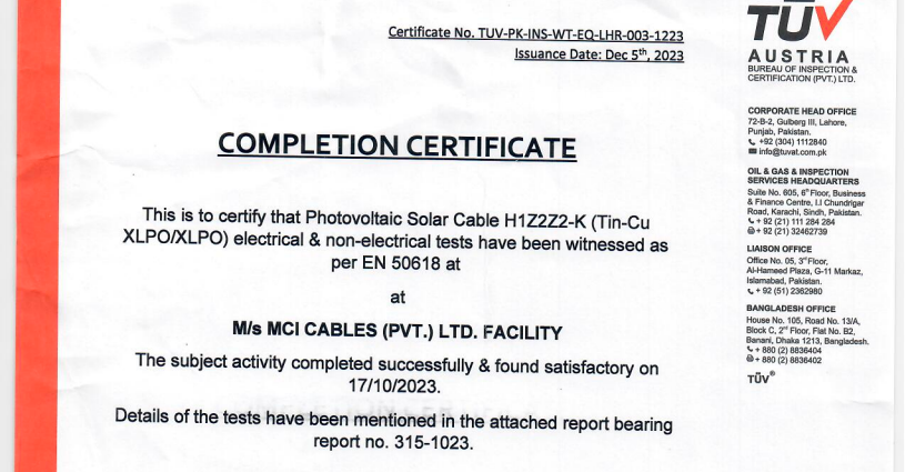 TÜV Austria Completion Certificate – Photovoltaic Solar Cable H1Z2Z2-K (EN 50618)